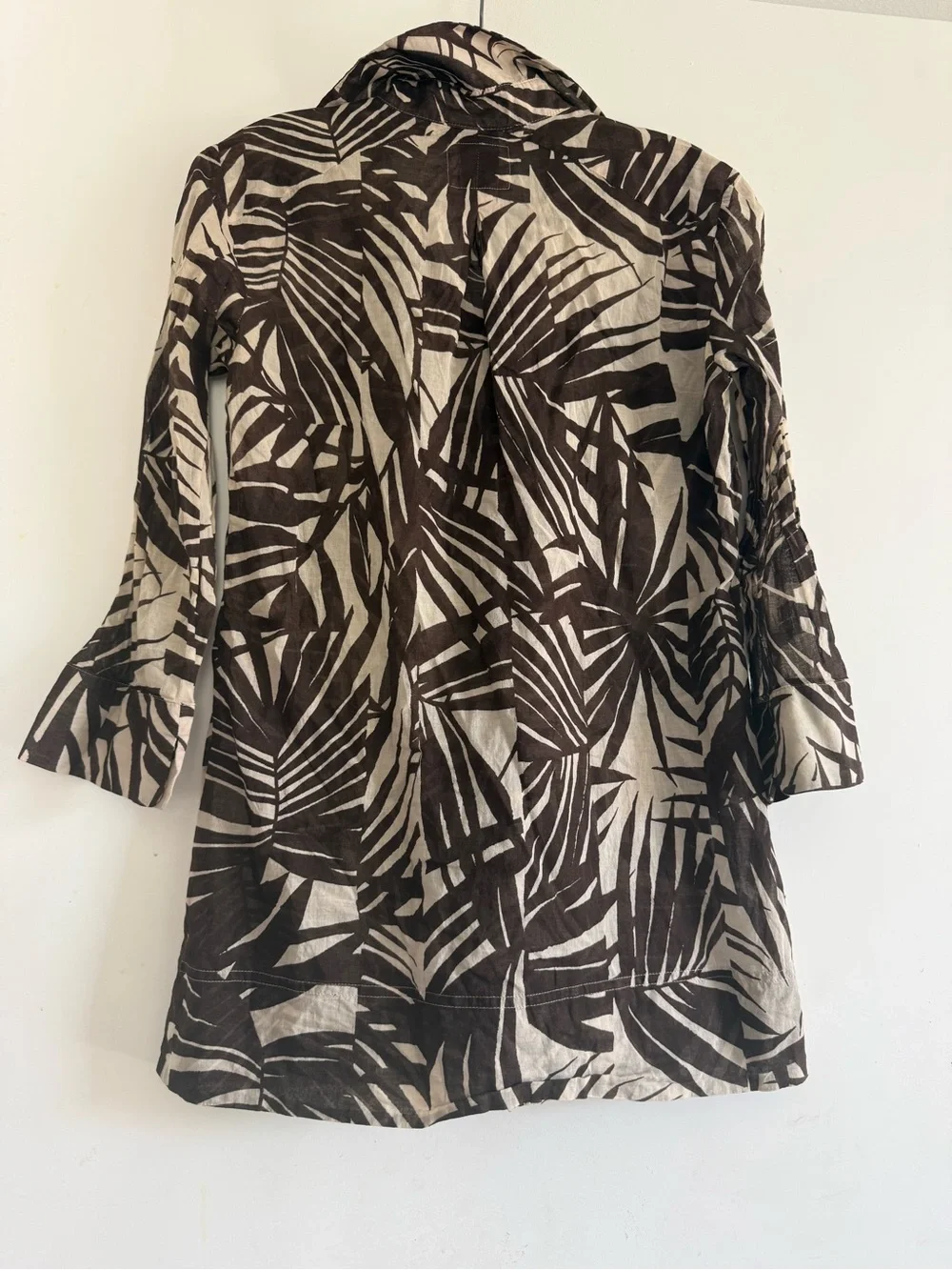 Max Mara Weekend Palm Print Cotton Tunic Top Sheer Brown Cream  Flap Pocket Sz 4